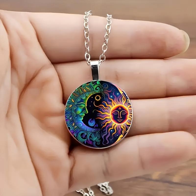 Fashion Sun Moon Pattern Glass Alloy Pendant Necklace for Men Women
