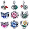 Новый кулон из стерлингового серебра 925 пробы, медь, бабочка, цветок, клубника, четырехлистный клевер, бусины на удачу, подходит для браслета с шармами Pantaro, DIY, циркон