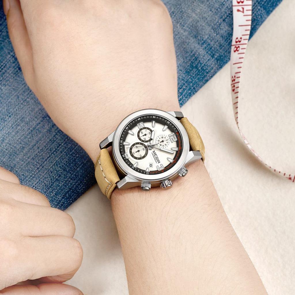 Повседневные спортивные часы-хронограф с кожаным ремешком, кварцевые наручные часы, водонепроницаемые, календарь, мужские деловые часы