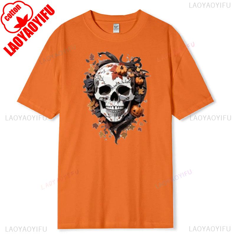 Floral Skull TShirt Boho Wild Flowers Cotton Short Sleeve Summer Casual Tee Gift for Her Stylish Fit Pumpkin Plant Graphic Tops