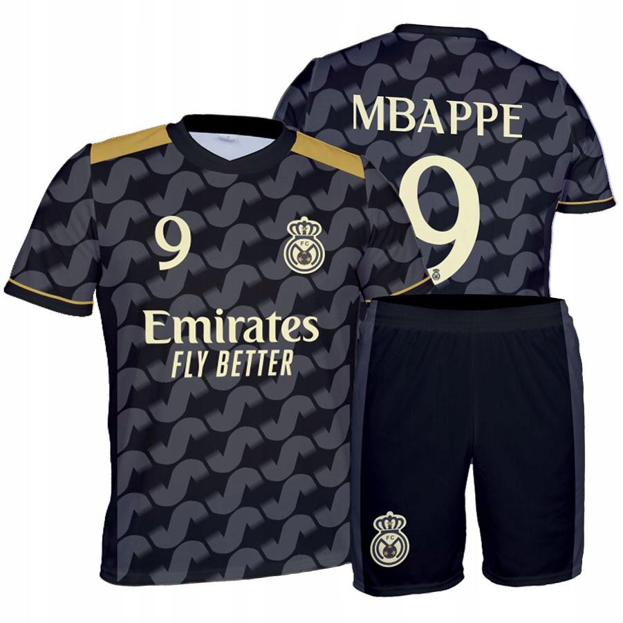 MBAPPE Strój Piłkarski Czarny Komplet KIBICA KOSZULKA SPODENKI MBAPPE Real 152 STRÓJ PIŁKARSKI Czarny Komplet KIBICA KOSZULKA SPODENKI