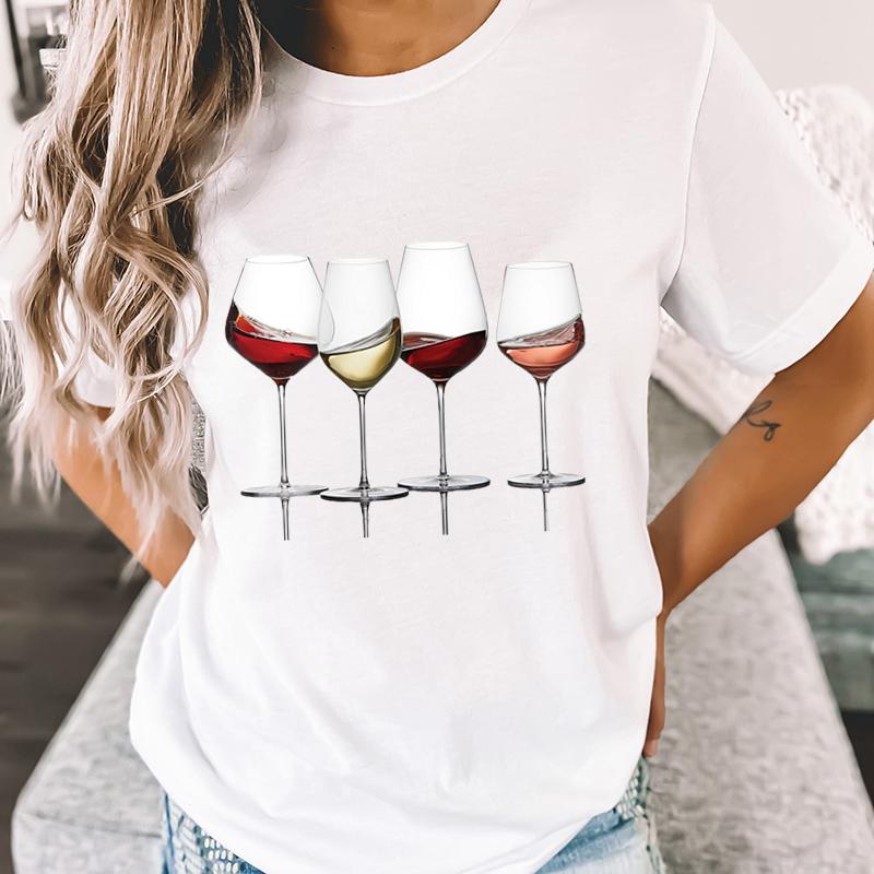 Футболки с винным принтом для женщин, летние повседневные футболки с круглым вырезом, футболки с короткими рукавами, модная футболка