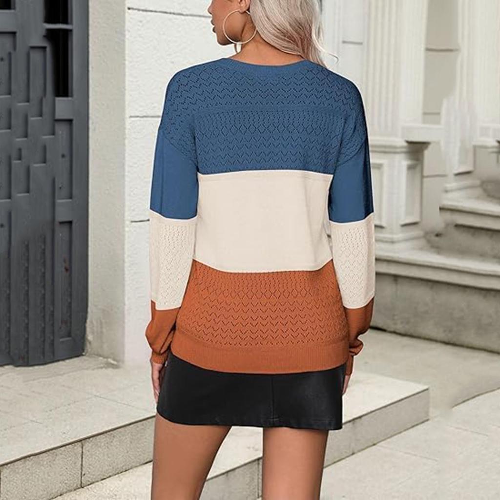 Женский свободный вязаный свитер с V-образным вырезом, ажурный пуловер с длинными рукавами, топ с цветными блоками