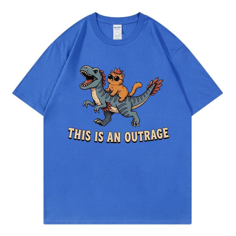 This Is An Outrage Funny Cat Riding Dinosaur Meme Tshirt Fashion Cartoon Short Sleeve Tshirts Unisex Unisex Casual Loose T Shirt