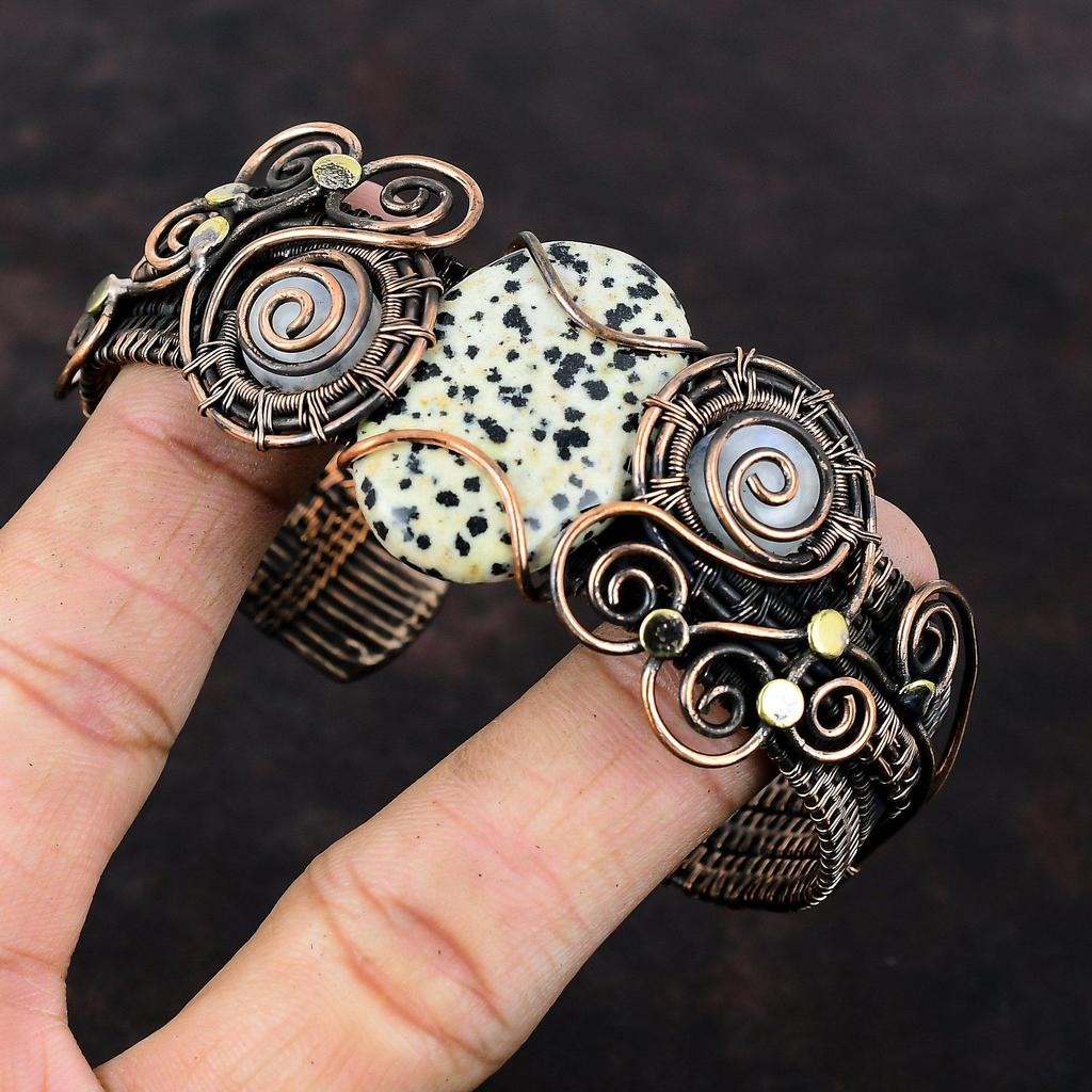 Браслет-манжета из далматинской яшмы, браслет из медной проволоки, браслет с радужным лунным камнем, регулируемый браслет, ювелирное изделие ручной работы, подарок для него