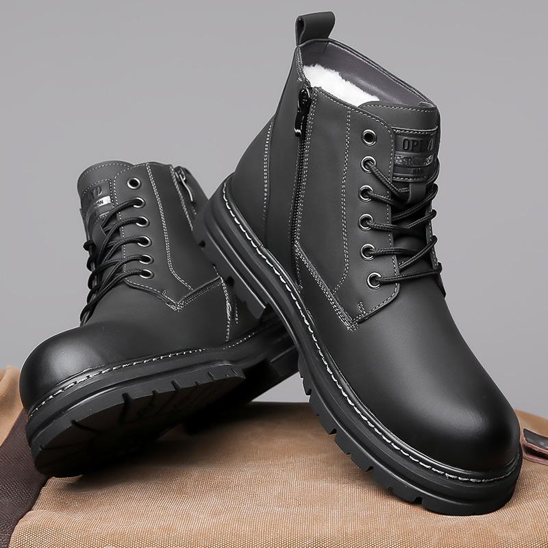 Men's Winter Fur Lined Snow Boots Outdoor Anti Slip Ankle Boots Casual Warm High Top Shoes for Men Lace-Up Fleece Lined Sports Leather Booties
