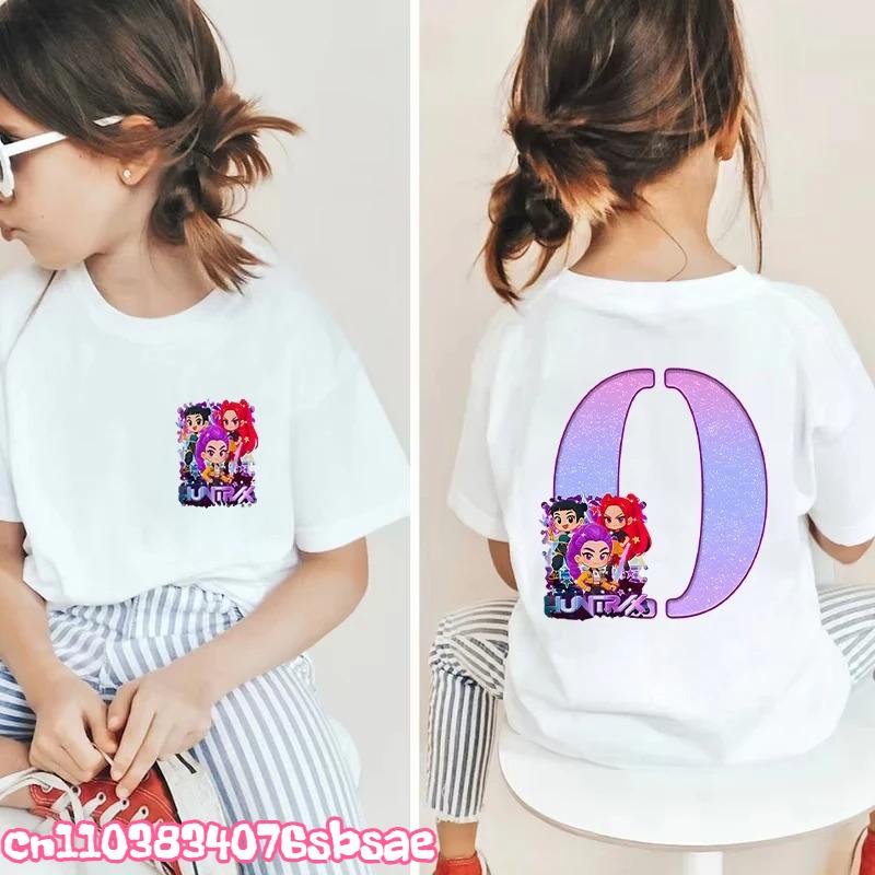 Hot Fashion Girls Boys T-shirts A-Z 26 Letter Kpop Demon Hunter HuntrX Graphic Kids Tops Short Sleeve Tees Shirts Child Clothing