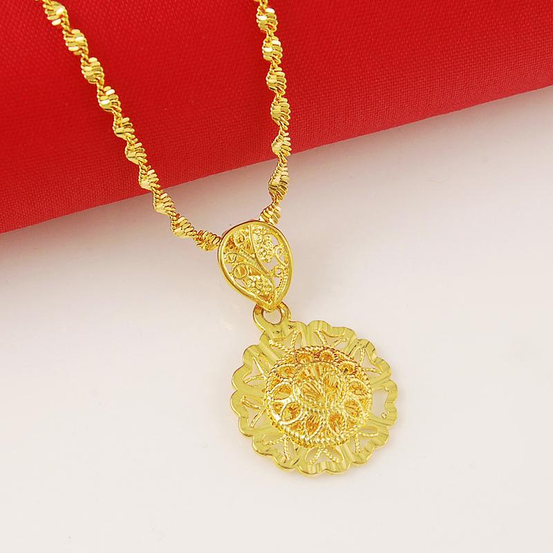 Fashion 24K Electroplated Plating Gold Necklace Round Flower Pendant Necklace for Women Wedding Jewelry Gifts