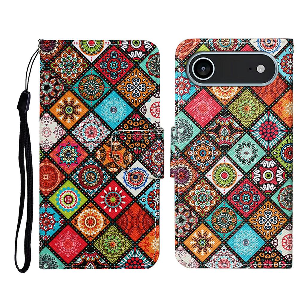 For iPhone 17 Air Case Pattern Printing Protective Leather Folio Phone Cover with Wrist Strap