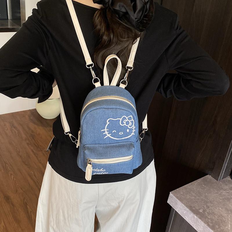 Hello Kitty Embroidered Denim Backpack With Zipper Closure For Casual Outings