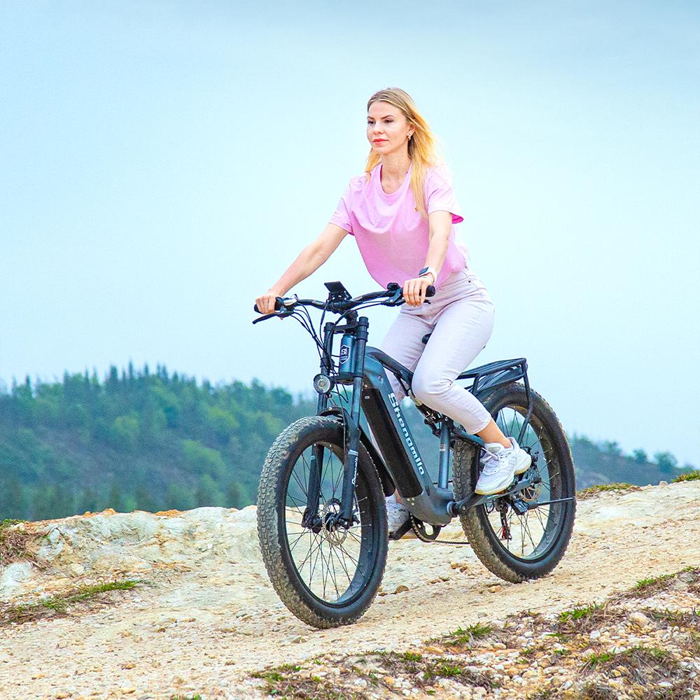 Shengmilo Электрический горный велосипед MX05 26", двигатель 500 Вт, аккумулятор Samsung 840 Вт·ч, толстые шины, двухподвес, 7-скоростная трансмиссия Shimano для езды по городу и по бездорожью