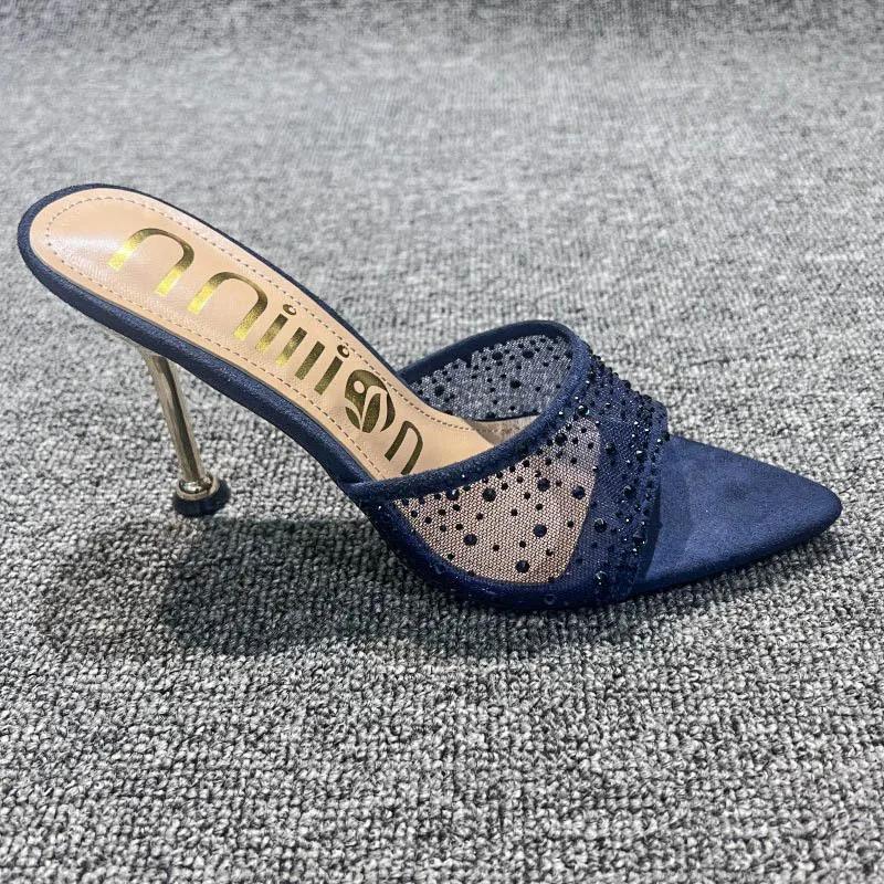 Летние женские тапочки, сексуальные, с острым носком, со стразами, сетка, женские туфли на высоком каблуке, женские туфли для вечеринки, свадьбы, невесты