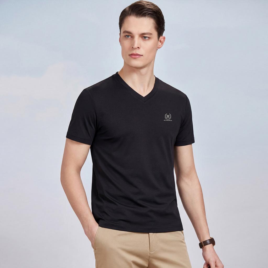 Summer Cool Casual V-neck T-shirt with Mulberry Silk and Tencel, Men's Short Sleeve Easy to Care for Half Sleeve Top