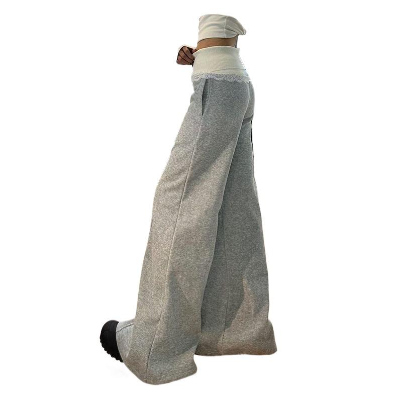 Женские осенние вязаные брюки с кружевом на флисовой подкладке с широкими штанинами - Универсальные, повседневные, длиной до пола спортивные брюки