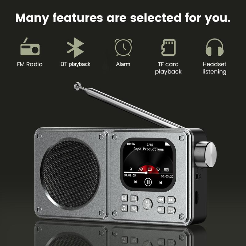 Портативный FM-радио MP3 Беспроводной BT5.4 Bluetooth-динамик с ЖК-экраном Часы Тексты песен Дисплей Антенна AUX вход, TF карта, видео