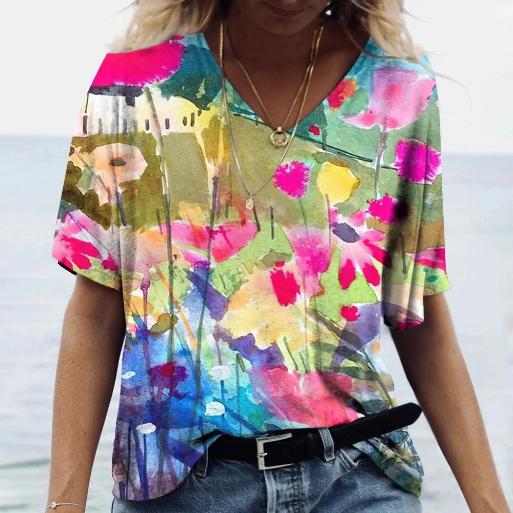 Colorful Floral T-shirt For Women Fashionable V-Neck Tops Tees Female Casual Stylish Short Sleeve Clothing Ladies Vintage Outfit