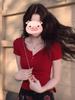 Chic Korean Style Retro Red Ice Silk T-shirt - Women's Summer Slim Fit, Short Sleeve, Sweet & Spicy Crop Top