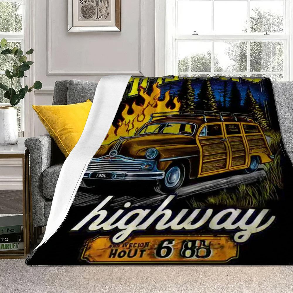 Фланелевое одеяло с принтом в стиле ретро Route 66, подходит для всех сезонов, для гостиной, офиса, дивана и путешествий 180x250 см
