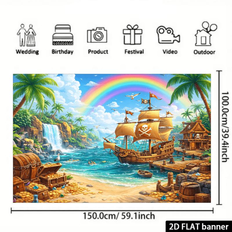 2D planar treasure island-themed background fabric featuring a pirate ship outdoors and studio elements