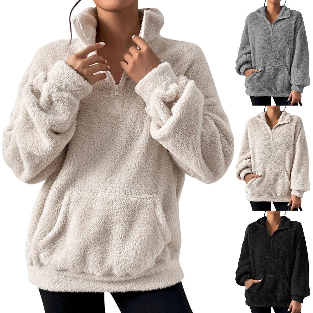 Sweatshirt For Women Half Zip Pocket Drop Shoulder Teddy Sweatshirt Stand Collar Sweatshirts For Women