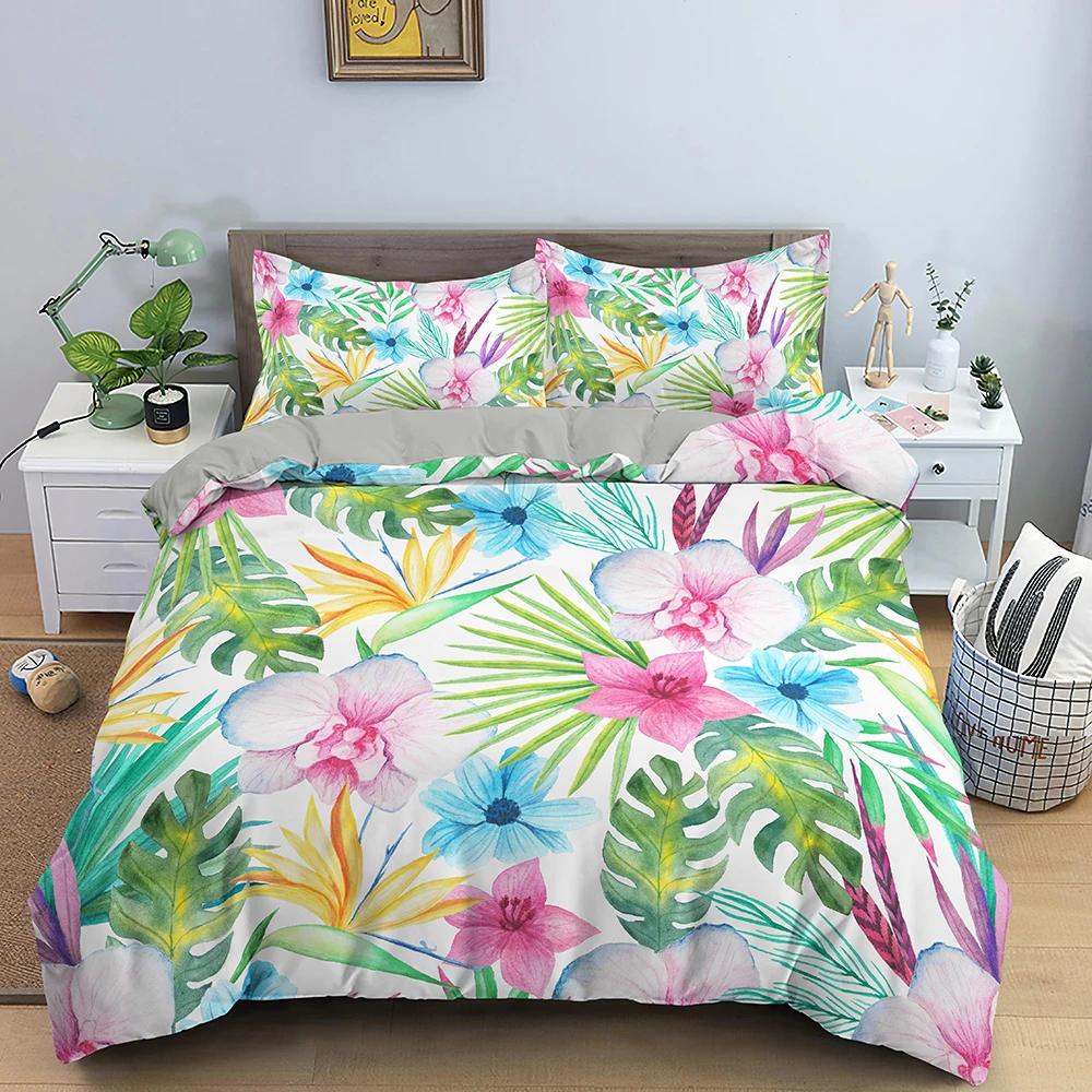 Комплект постельного белья с тропическими растениями, пододеяльник с зелеными листьями и застежкой-молнией, чехол для одеяла размера Queen King, полностью из полиэстера, пододеяльник