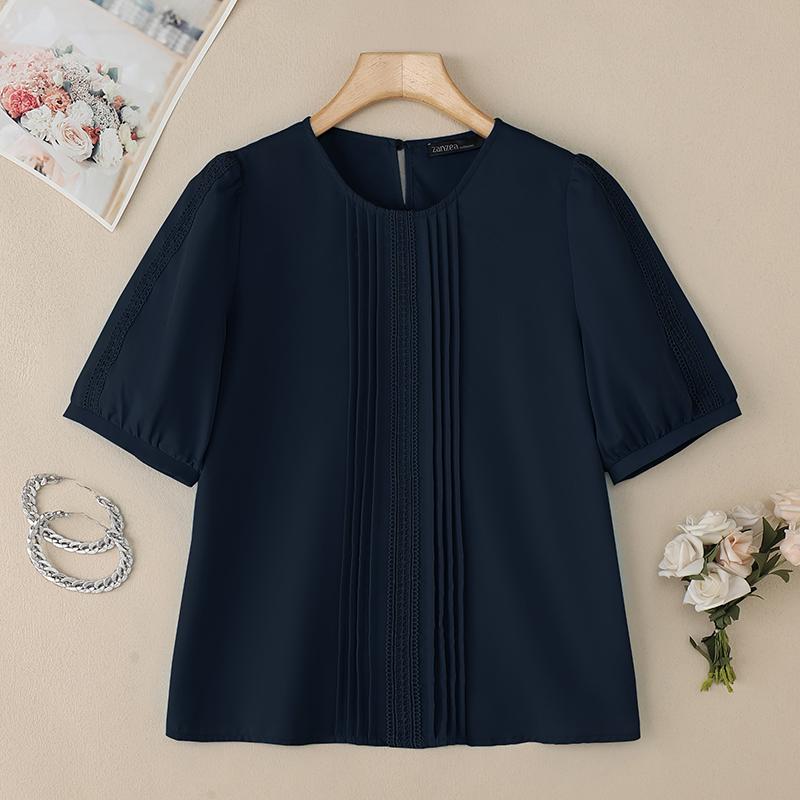 ZANZEA Женская летняя повседневная блузка с круглым вырезом и коротким рукавом