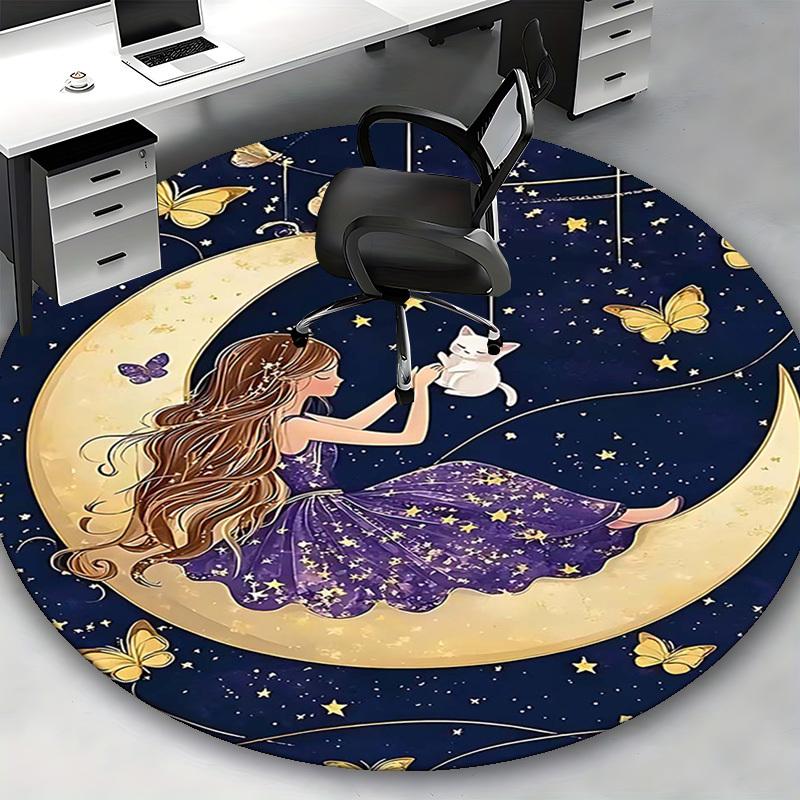 1pc Anime Design Round Carpet Office Chair Mat with Girl, Cat, Butterflies, Stars, Moon Festival Gift for Home Decor