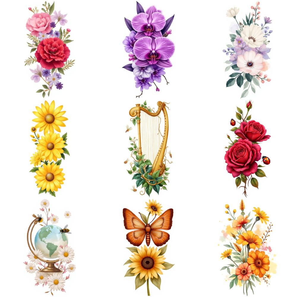 9 шт. Временные татуировки Наклейки с временными татуировками Лилии Георгины Цветущая сакура Для мужских бедер Рук