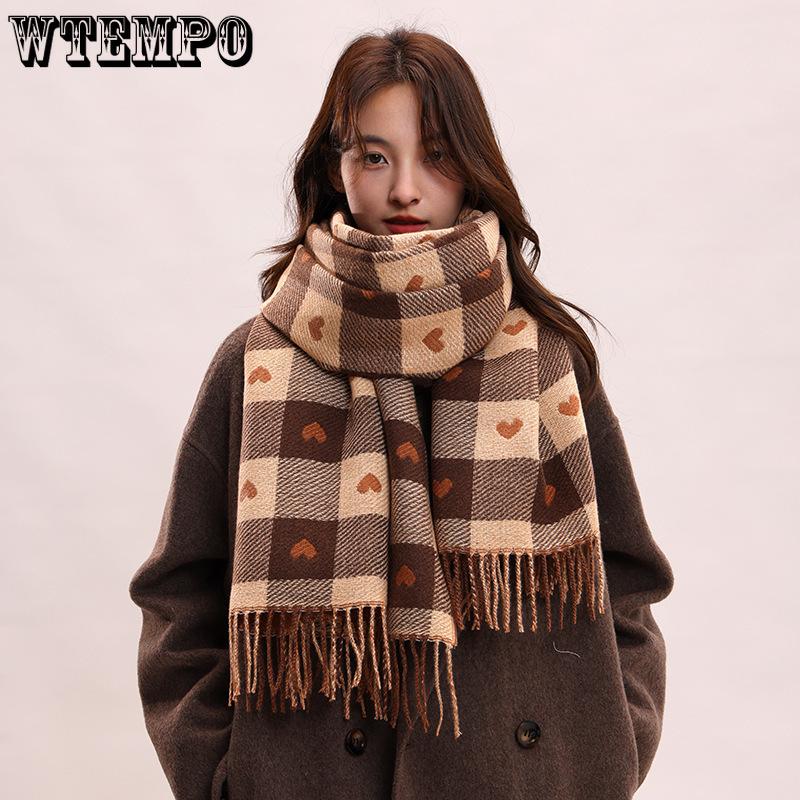 Women's Autumn Winter Sweet Scarf Korean Style Plaid Small Love Pattern Christmas Warm Vintage Warm Scarf