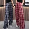 Red Plaid Spring and Summer New Narrow Version Straight Loose Retro Casual Trousers Small Design Wide-leg Pants for Women