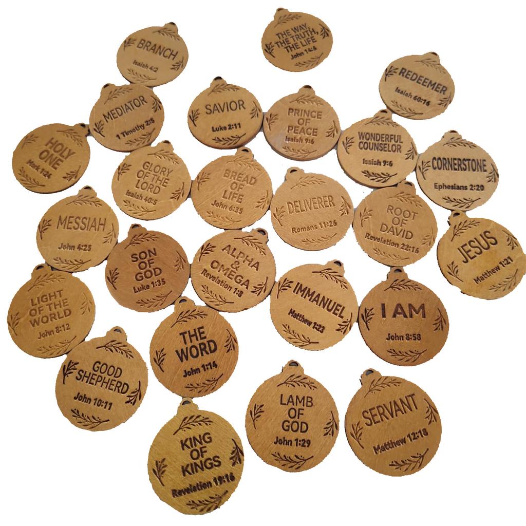 25 Pack Names Ornaments, 5 Cm / 2 Inch Diameter | Name Advent, Wood Hanging Ornaments With Savior Names, Ornaments For Christmas Tree Decor