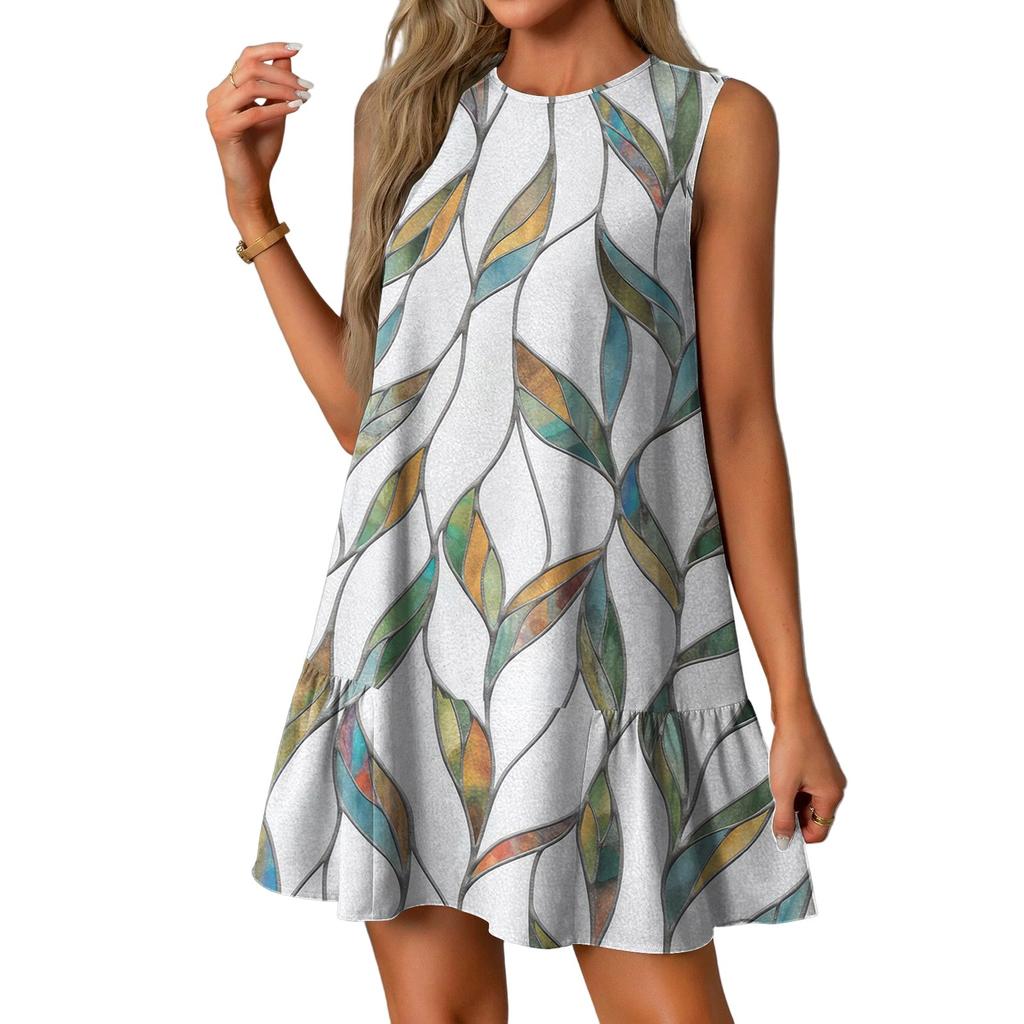 Женские модные повседневные платья без рукавов с круглым вырезом и оборками с винтажным принтом