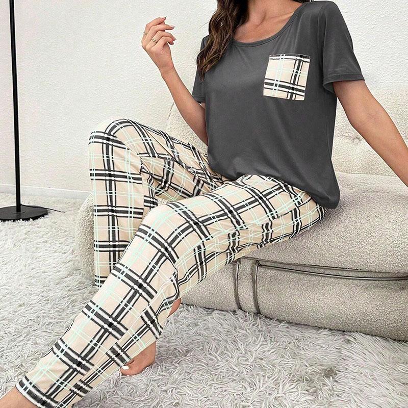 Пижамный комплект с круглым вырезом, длинным рукавом и бантом, коротким рукавом, разноцветный комплект для студентов, домашняя одежда из двух частей, длинные брюки в клетку