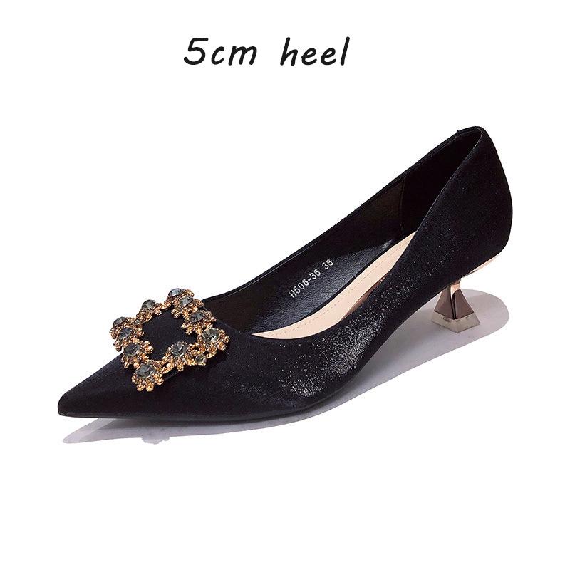 Fashion Black High-heeled Shoes Professional Women Pointed Medium Thin Heel 5cm Rhinestone Single Shoes Summer Versatile Wedding Shoes