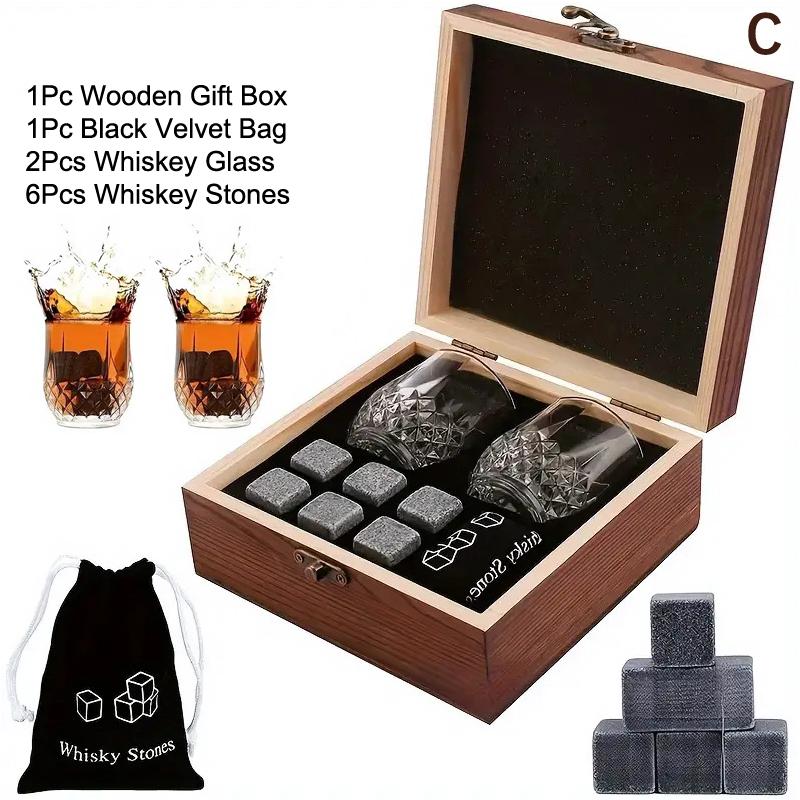 Подарок на День отца для мужчин Набор камней для виски 8 шт. Гранитные кубики льда + 2 шт. Стаканы для виски в деревянной коробке-бутылке Подарок для папы
