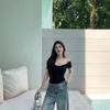 Spice girl sexy one-word shoulder short-sleeved T-shirt new pure desire style foreign style niche fashion design top ins