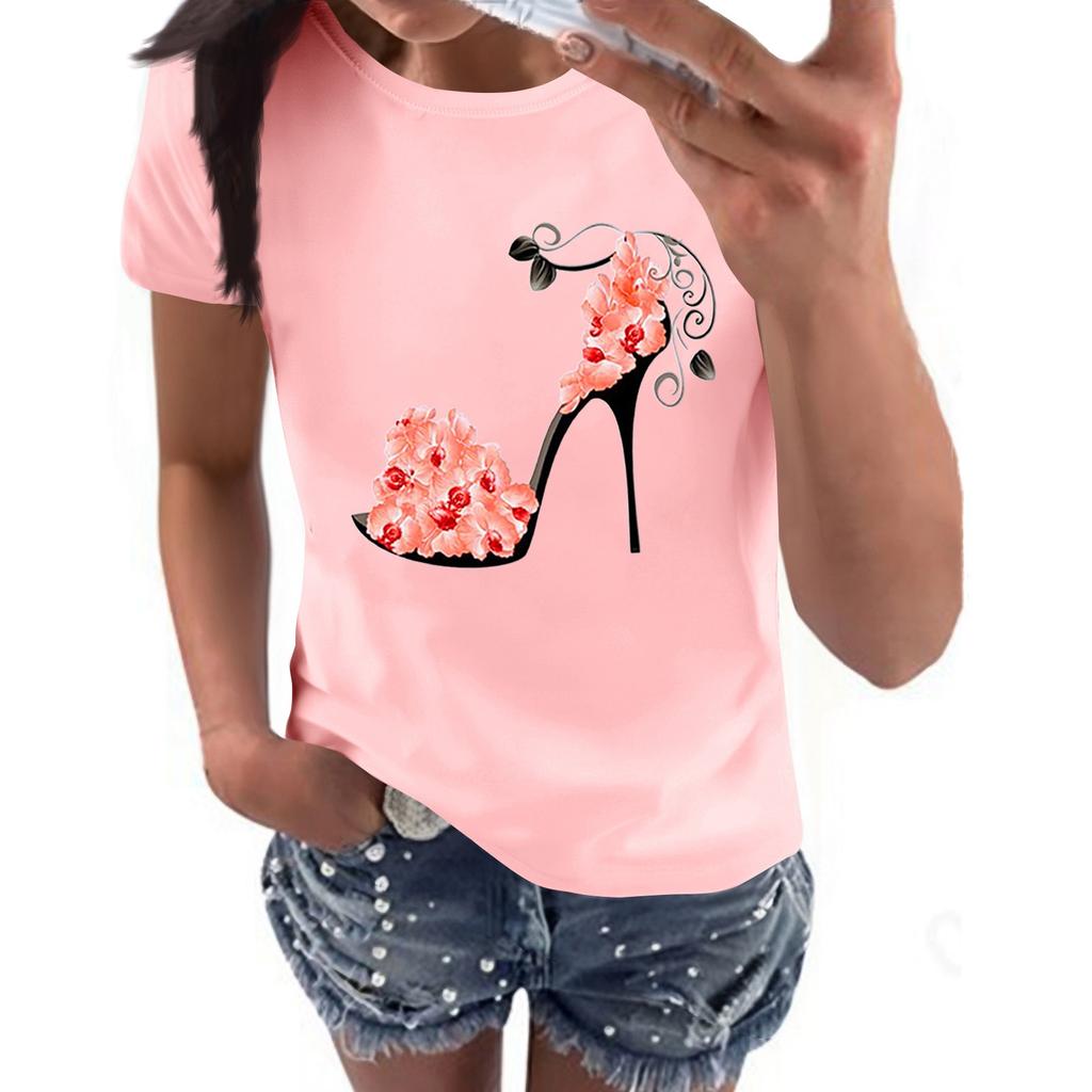 Women's Casual High Heels Floral Print Casual Short-sleeved T-shirt Pullover Round Neck Short-sleeved Top