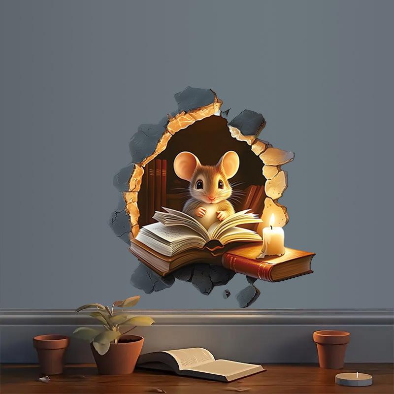 Креативная Мультяшная Мышь Читает Книгу в Мышиной Норе Наклейка на Стену Самоклеящаяся Съемная для Детской Комнаты Кабинета Классной Комнаты Домашний Декор Арт