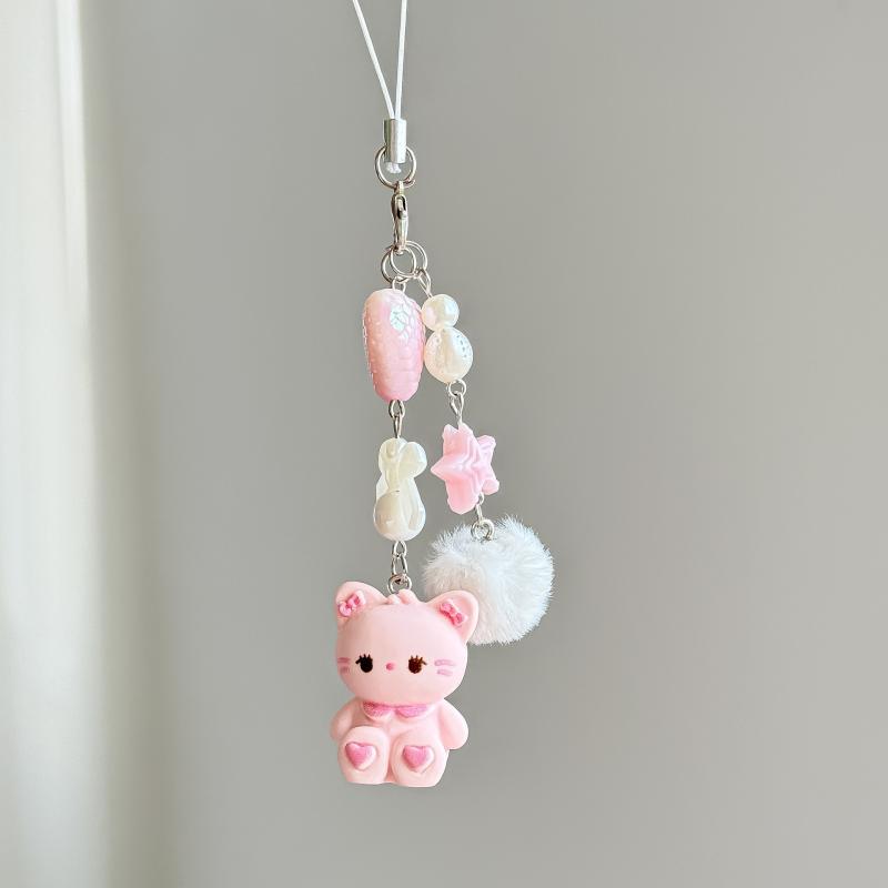 Cute Rabbit Kitty Bear Pendant Key Chain Fluffy Ball Bow Bead Mobile Phone Chain Anti-Lost Lanyard Kawaii Bag Charm Gift