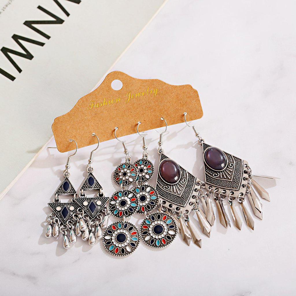 Bohemian Ethnic Retro Earring Set: 3-Piece Hanfu & Nepal Style for Women