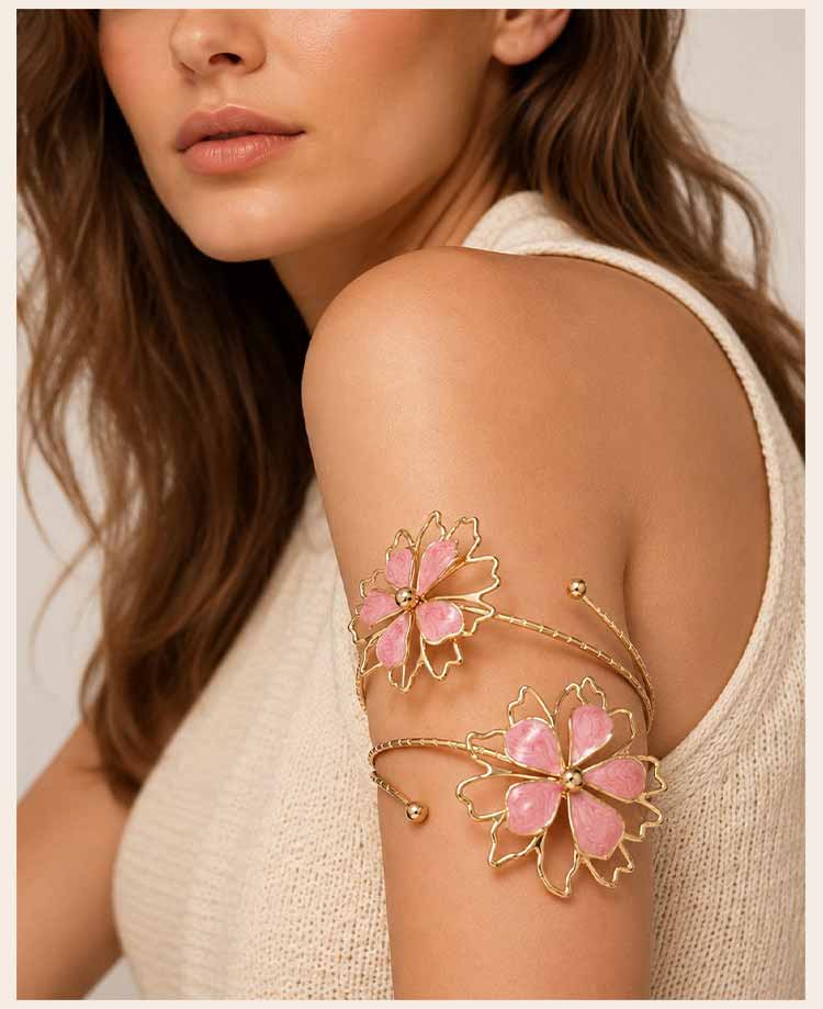 Bohemian Enamel Flower Upper Arm Cuff Bangle, Gold Color Spiral Floral Armlet for Women, Beach Party Holiday Jewelry Gift
