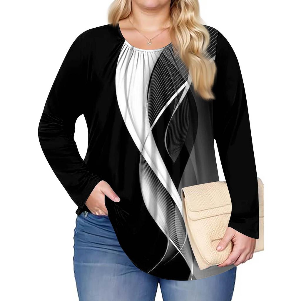 Женский модный топ большого размера с принтом, повседневный плиссированный, с круглым вырезом и длинными рукавами