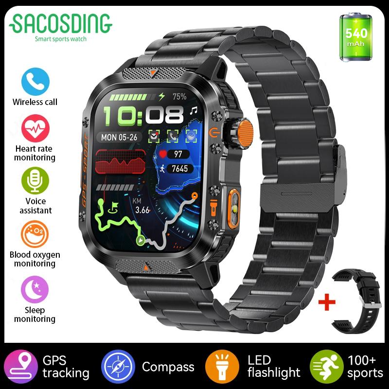 SACOSDING GPS Наручные смарт-часы для спорта с компасом, синий, Bluetooth-звонки, водонепроницаемые, фонарик, измерение пульса, напоминания о здоровье