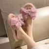 Мода 2025 Осень Зима Женская Мода Комнатные Плюшевые Тапочки с Бантом Женские Новые Милые Бантики Женские Домашние Симпатичные Теплые Пушистые Легкие Туфли