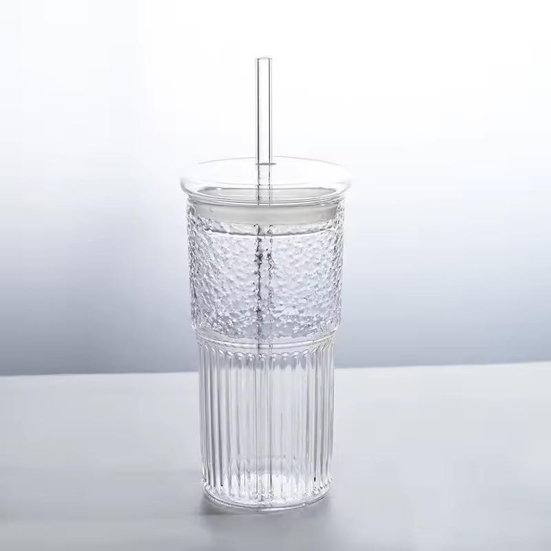 600Ml Large Capacity Stripe Glass Cup With Lid And Straw Transparent Drinking Glasses Water Cup Outdoor Drinkware Mug