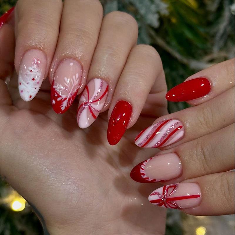 24 шт. Рождественские накладные ногти Красные Белые Полоски Снежинка Леденец Узор Французские Накладные Ногти Зеленый Бант Маникюр Носимые Накладные Ногти