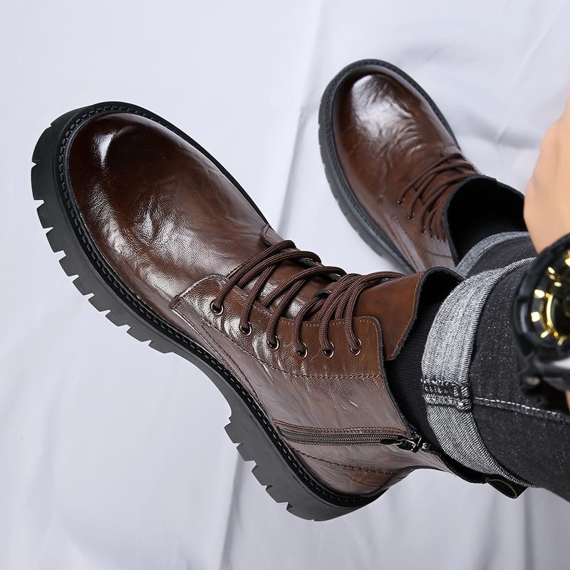 Новые мужские повседневные ботинки из коровьей кожи коричневого цвета с круглым носком в британском стиле на платформе с толстой подошвой, противоскользящие, удобные для ношения