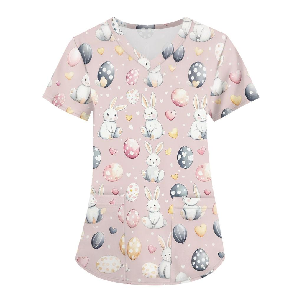 Женская мода с v-образным вырезом, короткими рукавами и карманами, топы с принтом