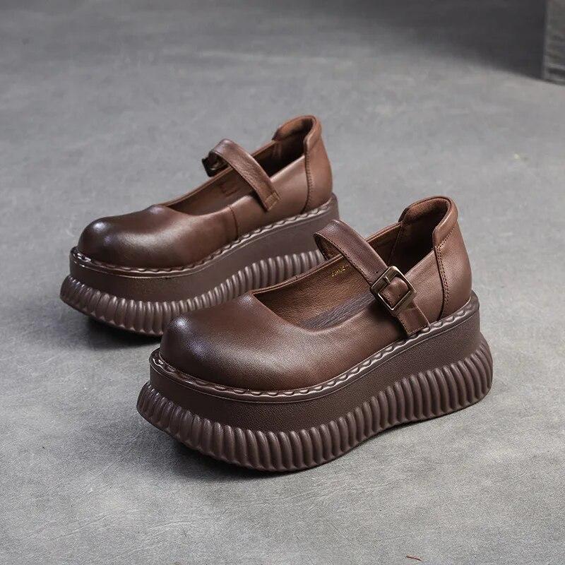 Johnature Mary Janes Shoes Genuine Leather Flat Platform Shoes Buckle Thick Soled Height Increasing Sandals