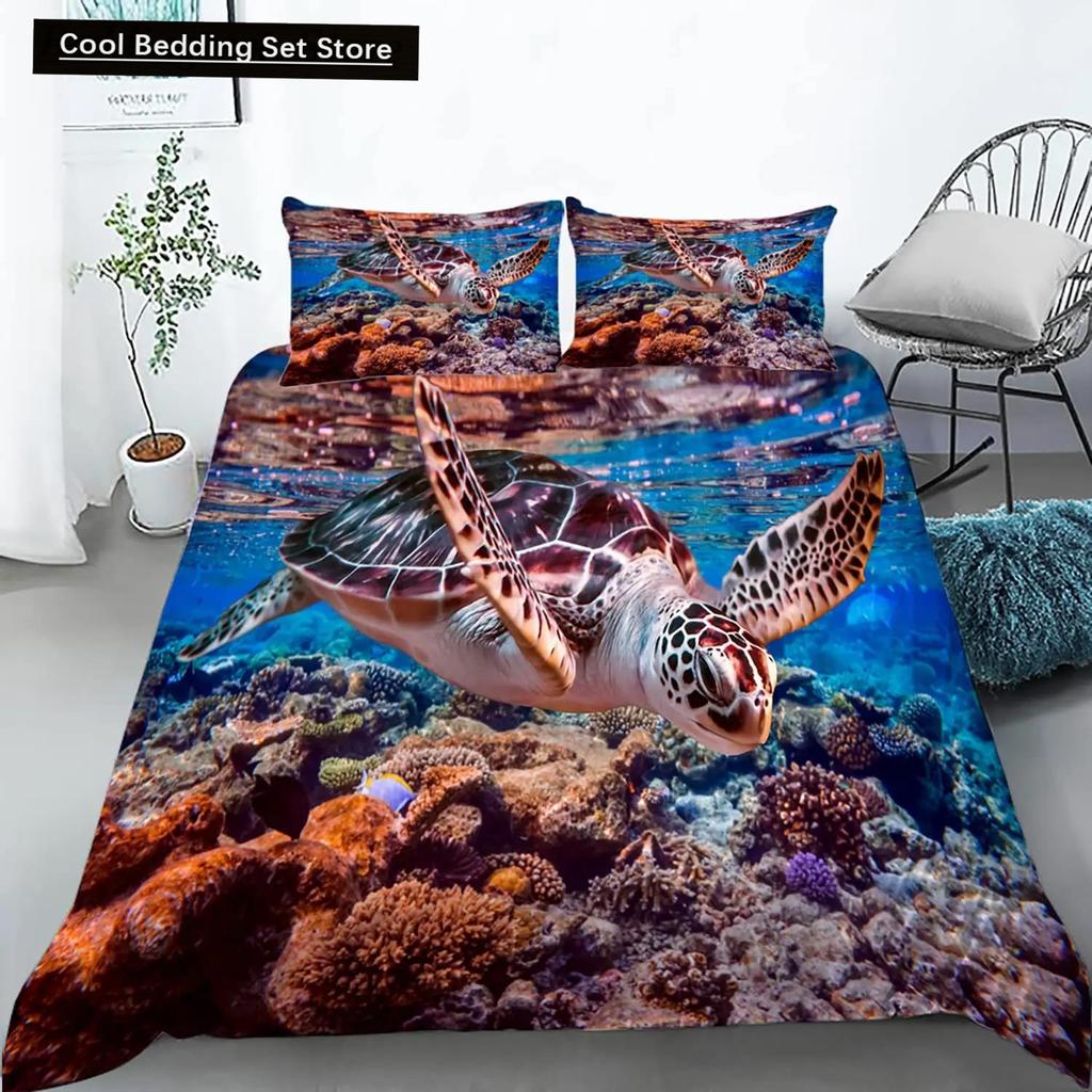 Sea Turtle Duevt Cover Set King Size Ocean Turtle Themed Comforter Cover for Teens Boys and Girls Soft Polyester Quilt Cover
